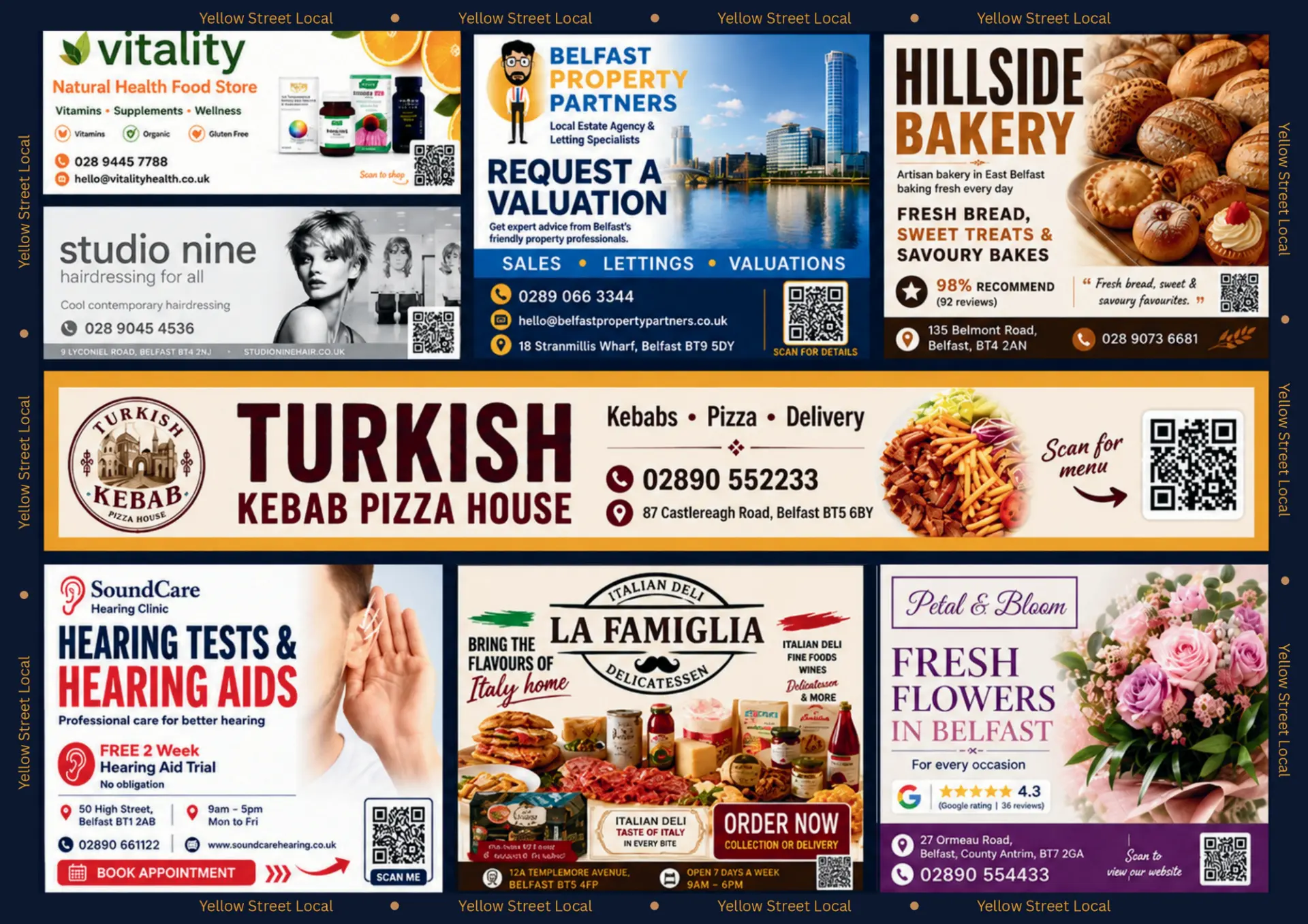 Yellow Street Local postcard mockup showing real local business adverts including a bakery, estate agent, hairdresser, kebab shop, deli and florist