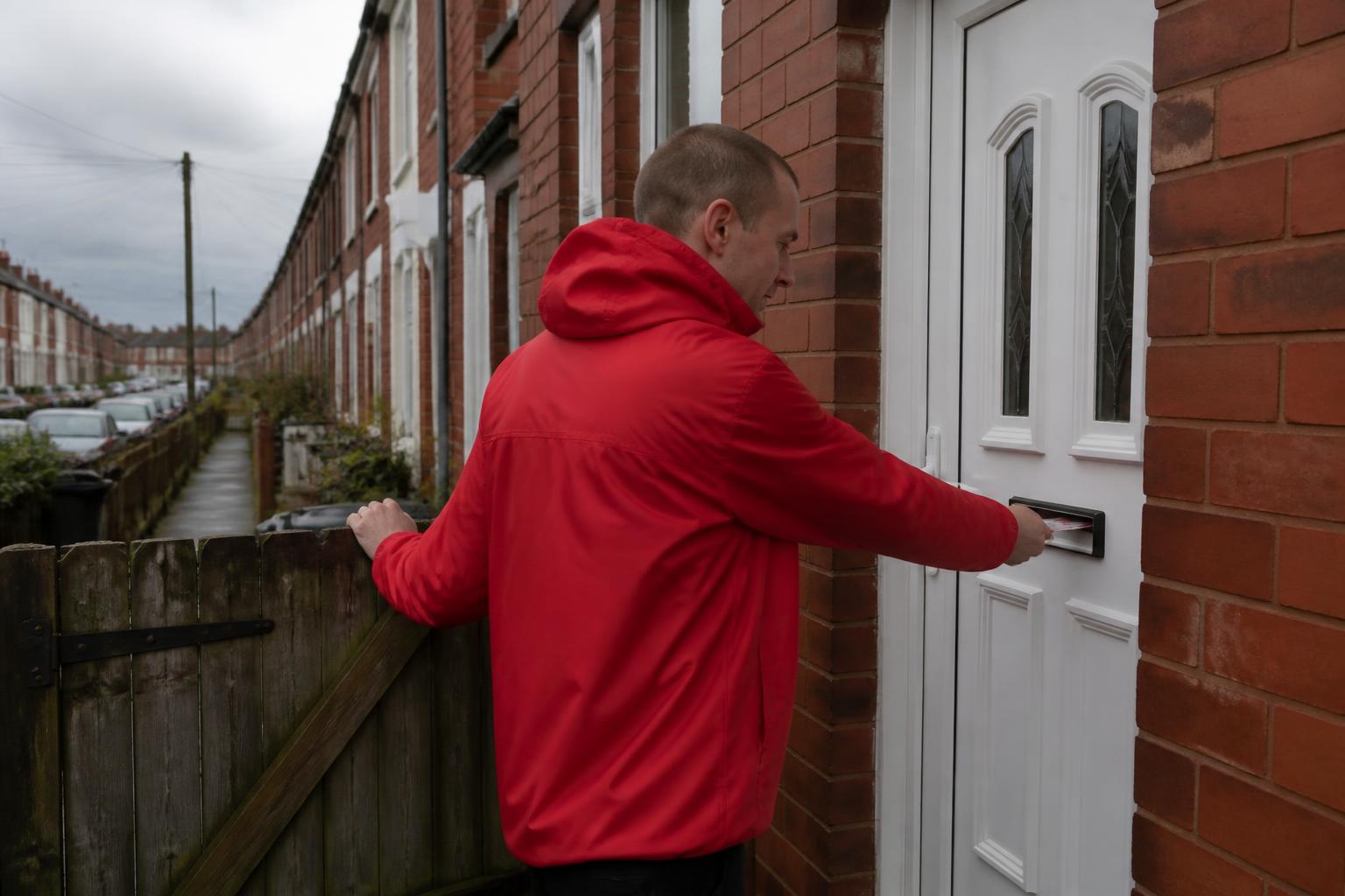 Delivery worker posting a printed postcard through the letterbox of a home on a local street